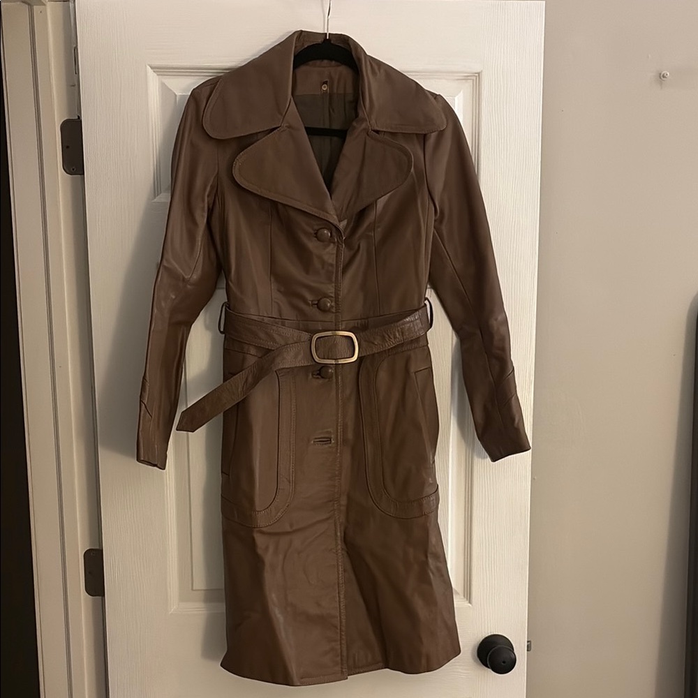 70s Style Vintage Brown Leather Belted Women's Coat